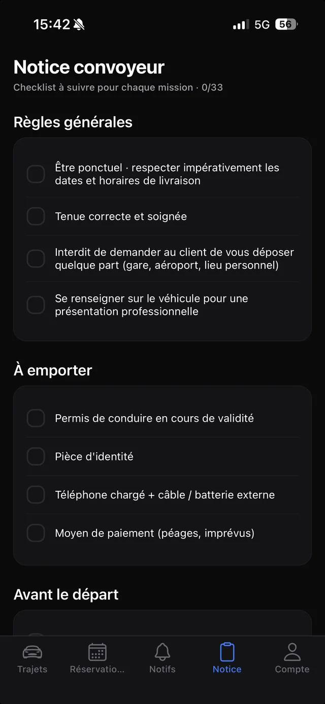 Écran Notice convoyeur : checklist de 33 points à suivre pour chaque mission